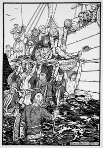 The dying King Haakon carried to his ship, 961 1913 by Morris Meredith Williams