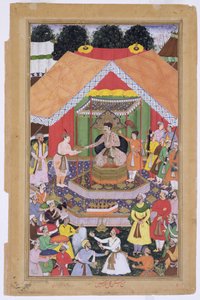 Emperor Akbar entertained by his foster brother Azim Khan at Dipalpur, Punjab, 1571, from the Akbarnama made by Abul Fazi by Mughal School