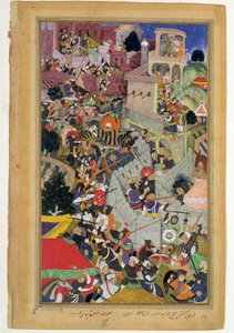 Emperor Akbar shoots Saimal at the Siege of Chitov in 1567, from the Akbarnama made by Abul Fazi