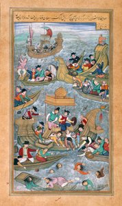 Sultan Bahadur and Rumi Khan jumping into the sea when surrounded by Portuguese boats, from the Akbarnama