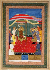 The Mughal Emperor Babur (1526-30) sitting on a throne receiving a prince, Johnson Album I, no.3 numbered 65 by Mughal School