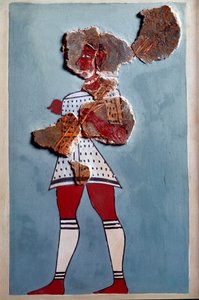 Mycenaean art: warrior. Fragment of fresco from the palace of Tiryns and reconstitution