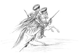 Native American male with weapons and headdress, riding a horse by Myers and Co