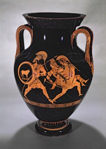 Attic red-figure belly amphora depicting the Abduction of Antiope with Theseus and Pirithous, c.500-490 BC by Myson