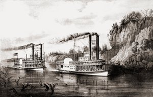 Steamboats racing on the Mississippi river, USA