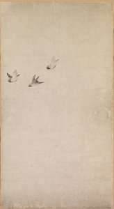 Puppies, Sparrows and Chrysanthemums by Nagasawa Rosetsu