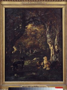 Dogs in the forest, Painting by Narcissus Diaz de la Pena