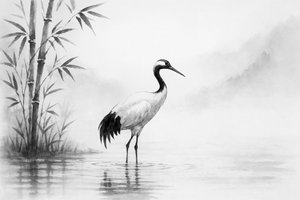 Crane in Misty Landscape