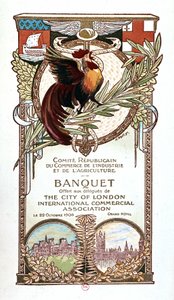 Rooster and Monuments, banquet menu of the Republican Committee on Trade, Industry and Agriculture offered 22.11.1906 to the delegates of the City of London international commercial association