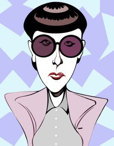 Edith Head, American costume designer, colour caricature with dark glasses by Neale Osborne