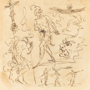 Sheet of Studies with a Soldier Drawing a Sword, a Crucifix, Monstrous Animals, and Other Figures