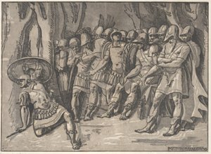 Ajax Lower Left Holding a Shield Aloft, at the Right Stands Agamemnon Surrounded by His... by Niccolo Vicentino