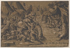Cloelia the Roman hero in the centre being helped onto a horse, Rome in the background, 1540-50