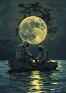 Astronaut Couple Moonlit Waters