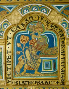 The angel prevents Abraham from sacrificing Isaac, and points to the ram