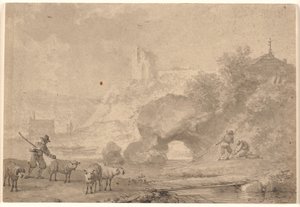 Shepherd and Fishermen in a Southern River Landscape by Nicolaes Berchem