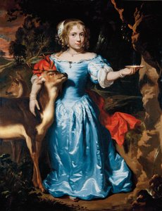 Portrait of a girl, full-length, as Granida, in a blue silk dress and red mantle, her left hand catching water in a shell from a spring, her right hand around a stag
