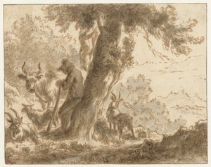 Shepherd and His Cattle by a Tree
