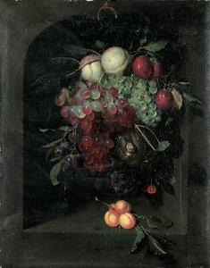 Swag of Grapes, Peaches, Plums and Cherries with a Snail in a Stone Niche with a Bunch of Apricots and Bee on a Ledge