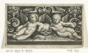 Two Fighting Children Riding Goats, Flanked by Children Blowing Trumpets by Nicolaes de Bruyn