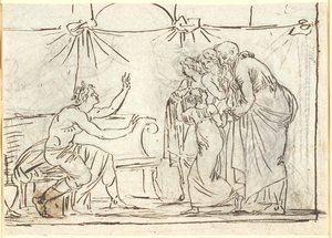Antique Scene. A Seated Crowned Hero Speaks to a Group of Four Figures, Including a Little Girl and an Old Man by Nicolai Abildgaard