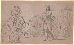 A Crowned Male Figure Showing His Genitals in the Midst of a Crowd of Sitting and Standing Women by Nicolai Abildgaard