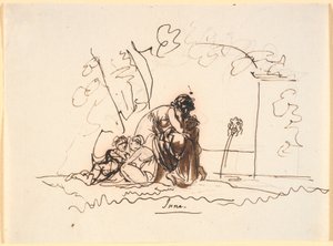 A Woman Sitting by a Spring with Three Small Children