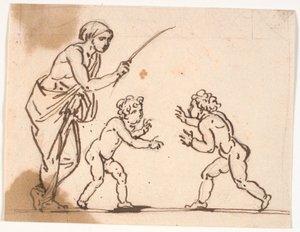 A Woman with a Stick, Which She Raises Against Two Small Boys About to Fight