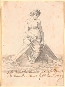 A Woman Sitting on a Stone in the Water with Two Oars or Rudders