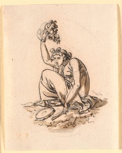 A Seated Woman Lifting a Mask High Above Her Head