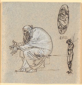 A Seated Long-Bearded Old Man in Profile to the Left with Outstretched Hands. Beside Him an Eros Figure in an Oval and a Standing Naked Young Man