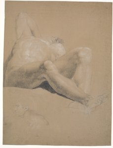 Half-Reclining Model. Right Arm Bent and Hand Hidden Under Head. Left Leg Bent. Right Leg Almost Extended. Lower Left Corner: Man