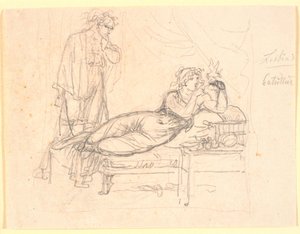 Lesbia and Catullus. Lesbia Lying, Holding a Bird in Her Left Hand. Catullus Standing Behind