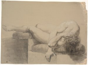 Reclining Model. To the Left. Head and Upper Body Resting on a Pillow, Legs Raised and Left Leg Resting on Another Pillow by Nicolai Abildgaard