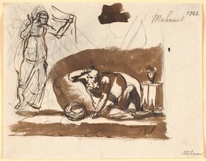 Muhammad, Sitting Among Cushions, with a Female Figure to the Left