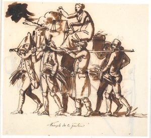 The Triumph of Justice. Six Men Carrying a Stretcher on Which the Female Figure of Justice Sits with Scales by Nicolai Abildgaard