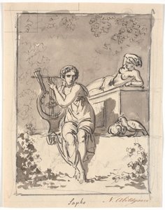 Sappho, Sitting with Her Lyre, with a Hermaphrodite Resting in the Background by Nicolai Abildgaard
