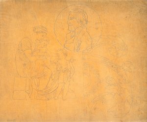 Seated Woman with Two Children and Profile Portrait in Circular Composition