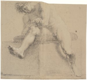 Seated Model on Low Plinth with Pillow. Arms Crossed. Left Leg Bent, Right Leg Extended