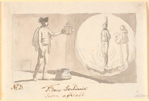 Time Unclothed. A Hussar Officer with a Magic Lantern Shows a Picture of a Sinner at the Stake and Next to Him a Monk Reading Prayers by Nicolai Abildgaard