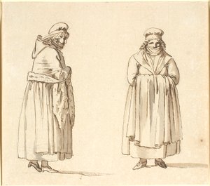 Two peasant women with scarves over their mouths, one in profile the other seen from the front