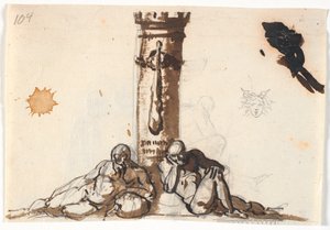 Two Old Naked Men Lying at the Foot of a Support, on Which a Club is Hung