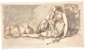 Draft for a Door Piece. Sleep, a Reclining Female Figure with a Small Child and a Lion at Her Right Side by Nicolai Abildgaard