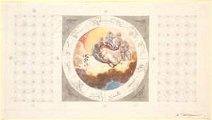 Draft for ceiling decoration with coffers and in the middle a circular image with the morning scattering flowers by Nicolai Abildgaard