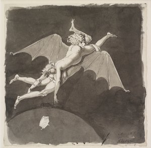 Catherine the Great, naked, flying away from the Earth on the Back of a Man with Bat Wings, 18th century