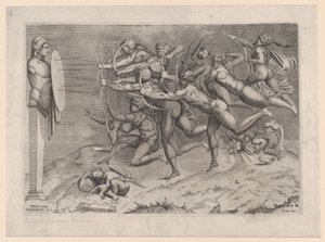 Naked Archers Shooting at a Target Attached to a Herm, Cupid Sleeping Below by Nicolas Beatrizet