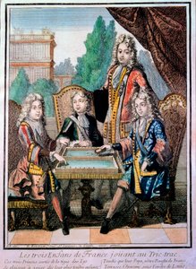 The grandchildren of Louis XIV, Louis Duke of Burgundy, Philippe, Duke of Anjou, and Charles, Duke of Berry with their father, Louis, dolphin of France, playing tric trac
