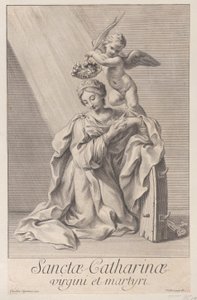Saint Catherine of Alexandria, kneeling with her elbow resting on the spiked wheel
