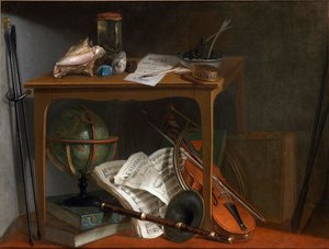 One of a pair of Devants de Cheminée: Naturalist Manual and Objects Resting on a Table