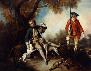 A Huntsman Holding a Gamebird and Resting by a Tree, His Servant and Hounds Nearby